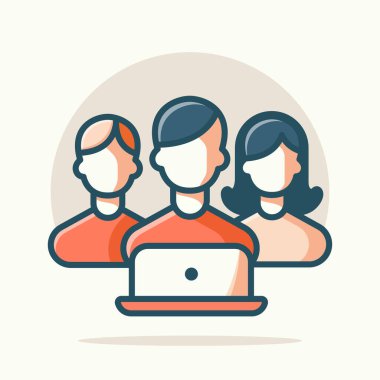 Dizüstü bilgisayar vektör illüstrasyonuyla takım çalışması, bilgisayar takım çalışması kullanılarak birlikte çalışan insanların düz tasarımı