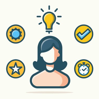 Kadın kişisel gelişim vektör çizimi, üretkenliği, fikirleri ve başarı simgeleri olan kadınların düz tasarımı