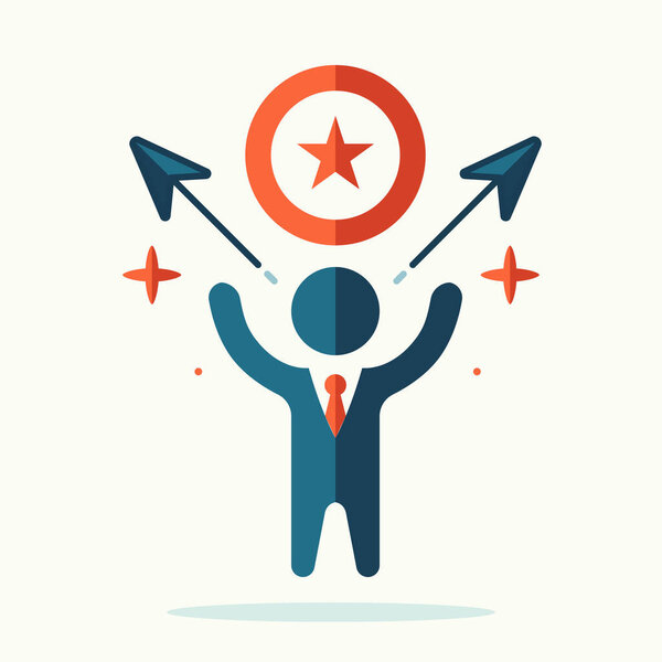 Успех бизнеса и векторная иллюстрация достижений, плоский дизайн человека, достигающего цели с ростом лидерства