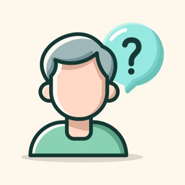 Soru işareti illüstrasyonlu kişi. Merakı için soru işareti simgesi olan kişi şüpheli iletişim konseptini destekler