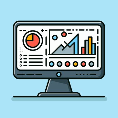 Bilgisayar veri analizi çizimi. Ticari finans istatistikleri için grafikleri olan bilgisayar veri analiz simgesi konsepti