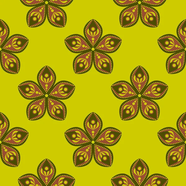 黄绿色背景下的无缝花卉图案 — 图库矢量图片