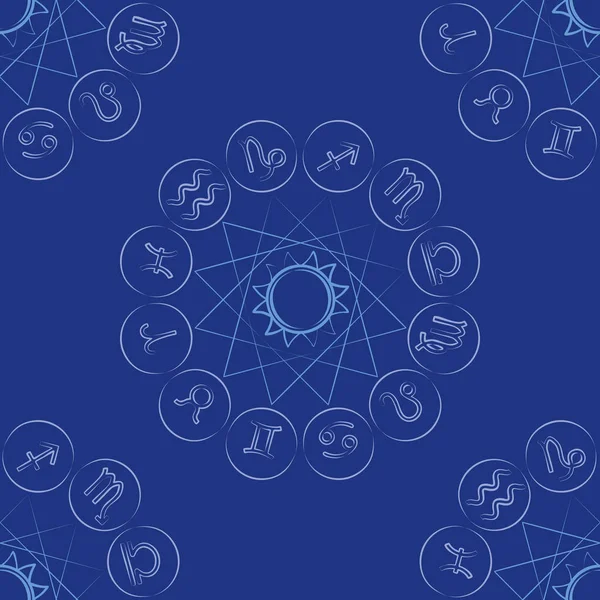 Zodiac Wheel Seamless Pattern Blue Background — Stock Vector