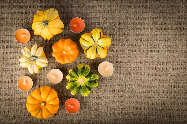 Colorful decorative pumpkins with tealight candles