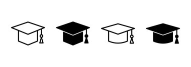 Eğitim ikonu vektörü. Mezuniyet şapkası işareti ve sembol. Mezun olmak. Öğrenci şapkası