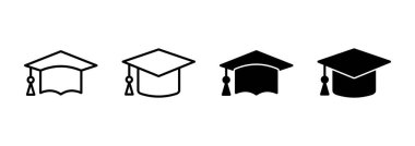 Eğitim ikonu vektörü. Mezuniyet şapkası işareti ve sembol. Mezun olmak. Öğrenci şapkası