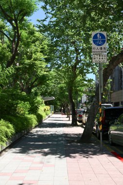 Tayvan - Sep 14, 2025: Kırmızı ve beyaz fayanslı Taipei kaldırımı, yemyeşil ağaçlar ve mavi yaya öncelikli tabelasıyla kaplı açık mavi gökyüzü altında uzanır.