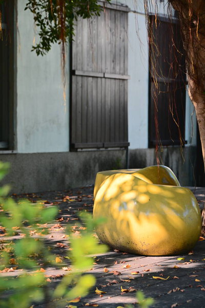 Отличительная желтая изогнутая скамейка в спокойном открытом дворе с деревянной рамой здания, висячие виноградные лозы, и красивый солнечный свет фильтрации через листву.