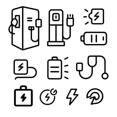 elektrikli araçlar ve piller: ince vektör simgesi seti, siyah ve beyaz kit