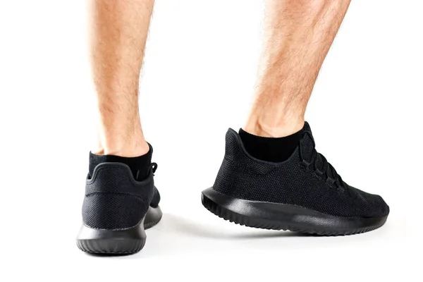 Sapatos Desporto Pretos Masculinos Para Desportos Isolado Sobre Fundo Branco — Fotografia de Stock