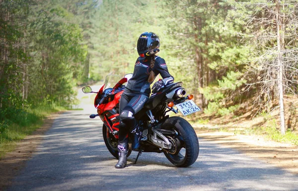 Krasnoyarsk Russia June 2018 Beautiful Girl Motorcyclist Full Gear Helmet — Stock Photo, Image