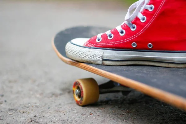 Meisje Rode Sneakers Een Skateboard Voeten Een Skateboard — Stockfoto