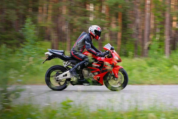 Krasnoyarsk Russia June 2018 Beautiful Motorcyclist Full Gear Helmet Red — Stock Photo, Image