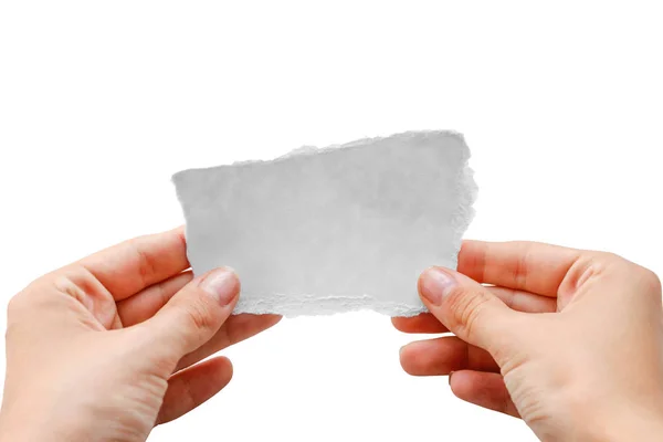 Mãos Segurando Pequeno Pedaço Papel Fecha Isolado Sobre Fundo Branco — Fotografia de Stock