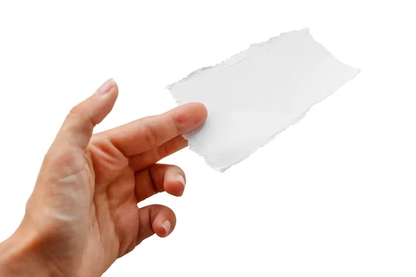 Mãos Segurando Pequeno Pedaço Papel Fecha Isolado Sobre Fundo Branco — Fotografia de Stock