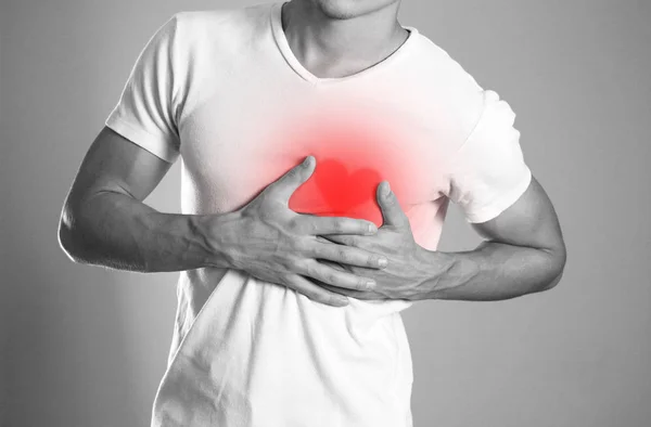 Man Holding His Heart Heart Pain Heartache Hearth Highlighted Red — Stock Photo, Image