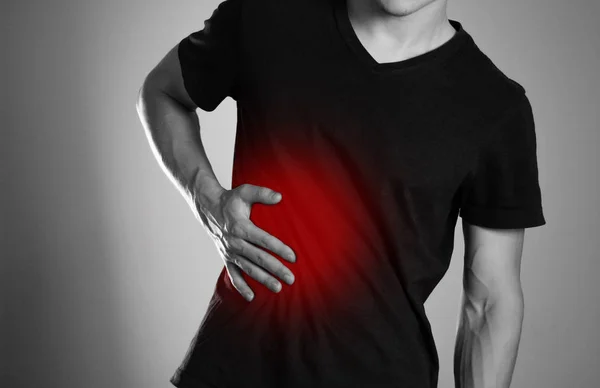 Man Holding His Side Pain Liver Cirrhosis Hearth Highlighted Red — Stock Photo, Image