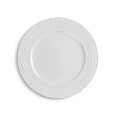 Beyaz seramik tabak üstten görünüm. Yakın çekim. Beyaz arka plan üzerinde izole.