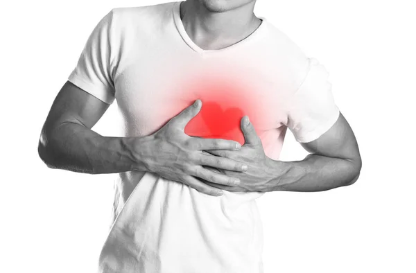 Hombre Sostiene Corazón Dolor Cardíaco Dolor Corazón Hogar Está Resaltado — Foto de Stock