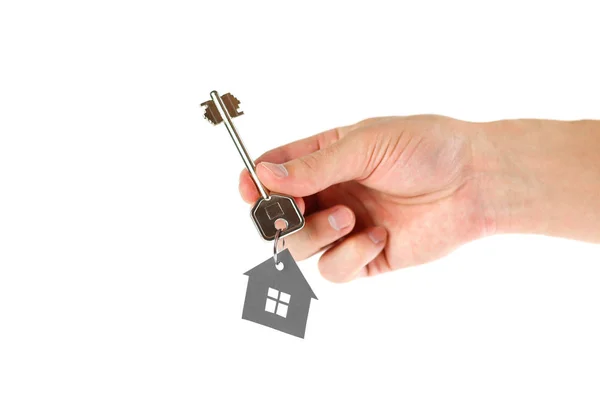 Ruce Drží Klíč Domu Zblízka Izolované Bílém Pozadí — Stock fotografie