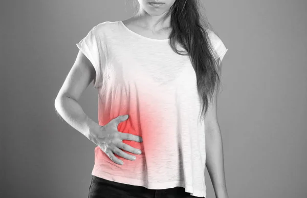 Girl Holding Her Side Pain Liver Syros Liver Close Isolated — Stock Photo, Image