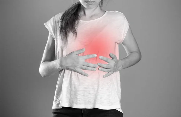 Girl Holding Her Heart Pain Heart Close Isolated Background — Stock Photo, Image