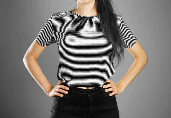 Dívka Pruhované Tričko Horizontální Černé Bílé Pruhy Tričko Zblízka Izolované — Stock fotografie