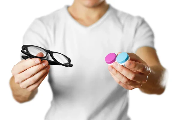 Hombre Sosteniendo Lentes Para Anteojos Cerca Aislado Sobre Fondo Blanco —  Fotos de Stock