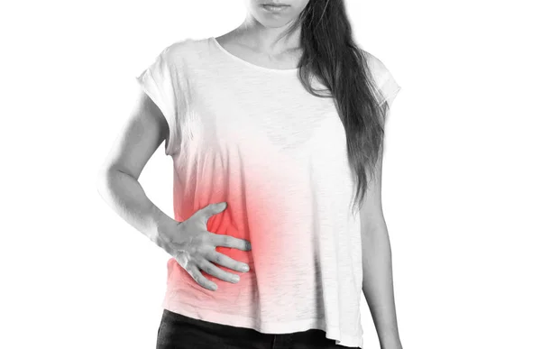 Girl Holding Her Side Pain Liver Syros Liver Close Isolated — Stock Photo, Image