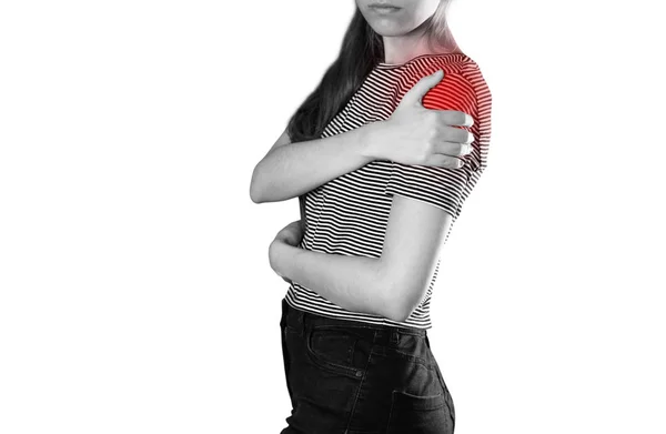 Girl Holding Hands Shoulder Pain Close Isolated White Background — Stock Photo, Image