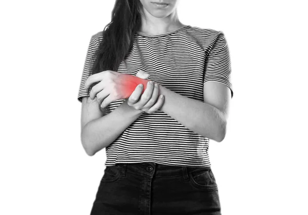 Girl Holding Hands Pain Arm Close Isolated White Background — Stock Photo, Image
