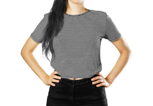 Dívka Pruhované Tričko Horizontální Černé Bílé Pruhy Tričko Zblízka Izolované — Stock fotografie