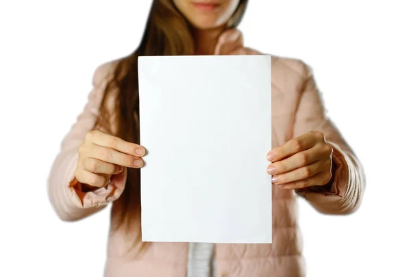 Woman Warm Winter Jacket Holding White Leaflet Blank Paper Close — Stock Photo, Image