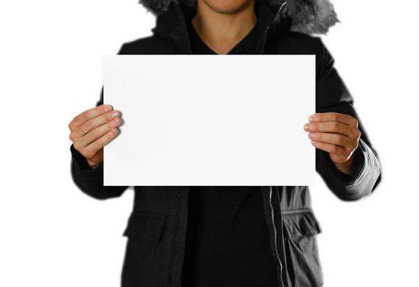 Man Warm Winter Jacket Holding White Leaflet Blank Paper Close — Stock Photo, Image