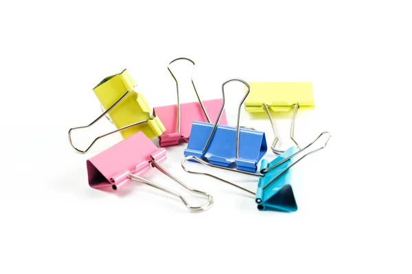 Stationery Metallic Colored Binder Clips Close Isolated White Background — Stock Photo, Image