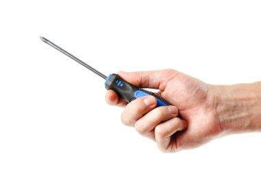 El şeklinde holding mavi tornavida. Yakın çekim. Beyaz arka plan üzerinde izole