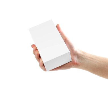 El holding beyaz kutu. Yakın çekim. Beyaz arka plan üzerinde izole