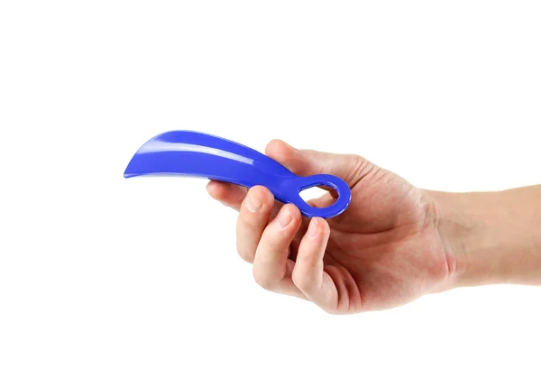 Hand Holding Blue Shoe Spoon Close Isolated White Background — Stock Photo, Image