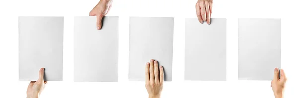 Ruce Držící Bílý Prázdný Papír Zblízka Izolované Bílém Pozadí — Stock fotografie