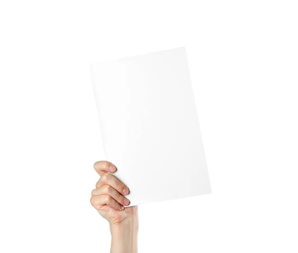 Mão Segurando Uma Folha Branca Branco Papel Fecha Isolado Sobre — Fotografia de Stock