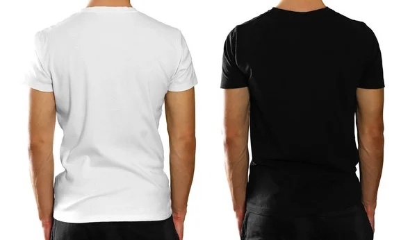 Een Man Een Lege Schone Witte Zwarte Shirt Achteraanzicht Geïsoleerd — Stockfoto