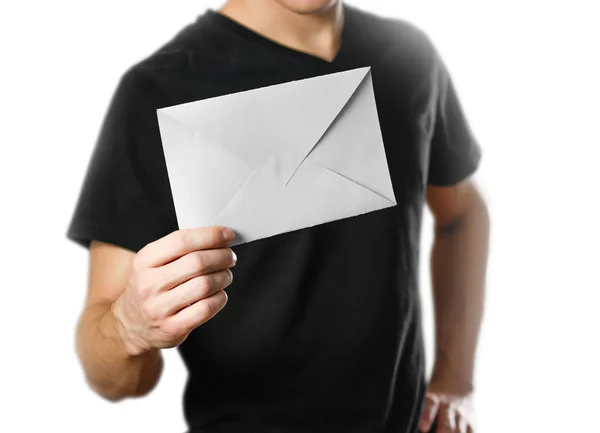 Homem Com Envelope Isolado Sobre Fundo Branco — Fotografia de Stock