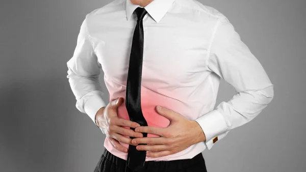 Empresario Con Camisa Blanca Corbata Sosteniendo Estómago Dolor Abdominal Fondo —  Fotos de Stock