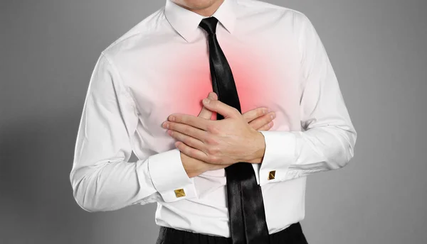 Businessman White Shirt Tie Holding His Chest Chest Pain Heartburn — Stock Photo, Image