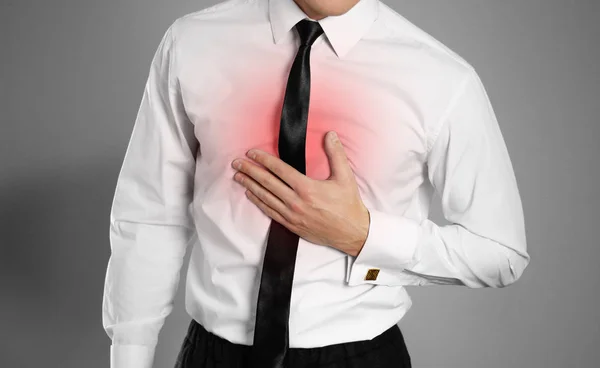 Businessman White Shirt Tie Holding His Chest Chest Pain Heartburn — Stock Photo, Image