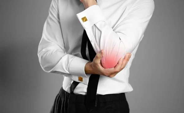 Businessman White Shirt Tie Holding Hand Pain Elbow Isolated Background — Stock Photo, Image