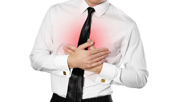 Empresario Con Camisa Blanca Corbata Sosteniendo Pecho Dolor Torácico Ardor — Foto de Stock