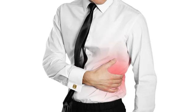 商人穿着白衬衫 领带抱着他的身边 肝脏疼痛 赛罗斯肝脏隔离在白色背景上 — 图库照片