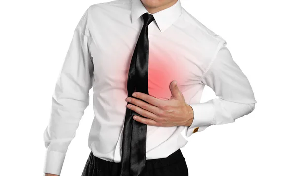 Businessman White Shirt Tie Holding His Chest Pain Heart Isolated — Stock Photo, Image