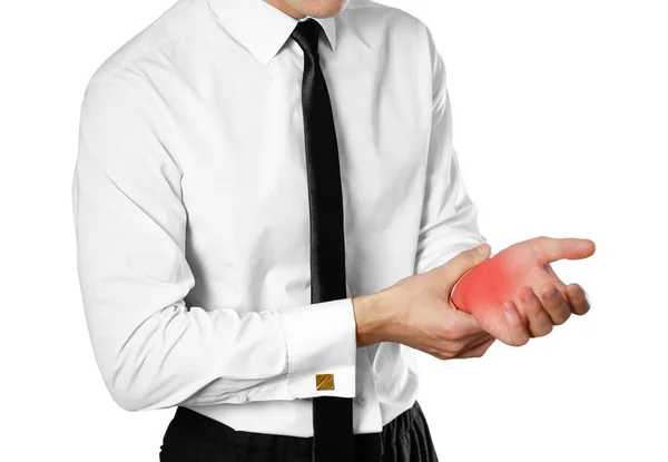 Businessman White Shirt Tie Holding Hand Pain Wrist Isolated White — Stock Photo, Image